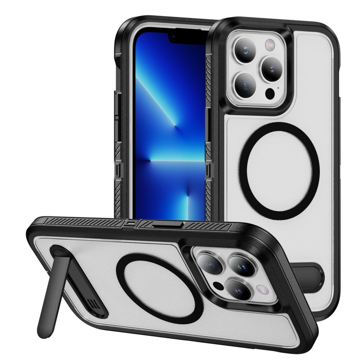 

For iPhone 12 / 12 Pro Guard MagSafe Holder Matte PC Hybrid TPU Phone Case(Black Transparent)