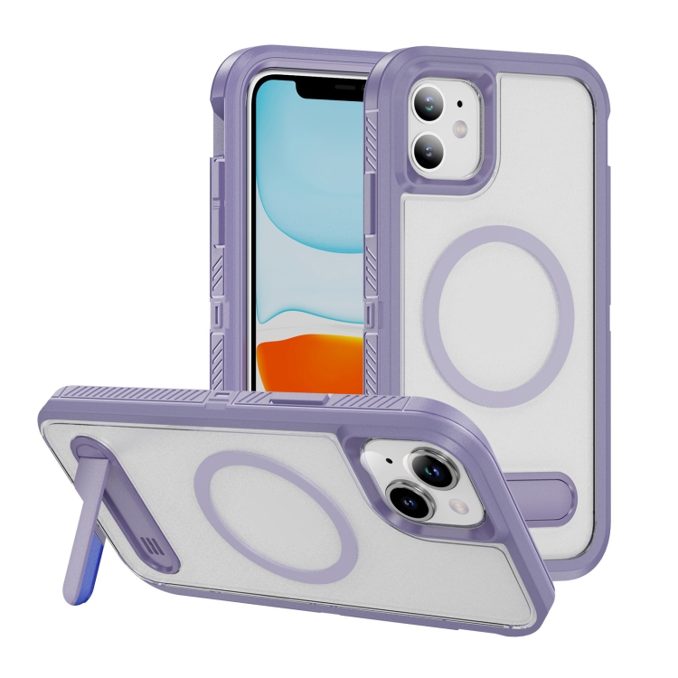 

For iPhone 11 Guard MagSafe Holder Matte PC Hybrid TPU Phone Case(Purple Transparent)