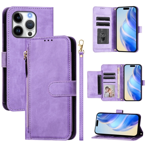 

For iPhone 16 Pro Multi-Card Slots Zipper Wallet Leather Phone Case(Purple)