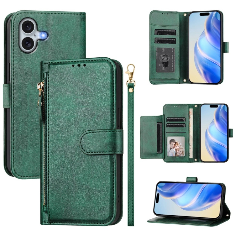 

For iPhone 16 Plus Multi-Card Slots Zipper Wallet Leather Phone Case(Green)