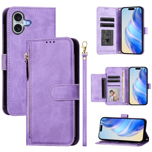 

For iPhone 16 Plus Multi-Card Slots Zipper Wallet Leather Phone Case(Purple)
