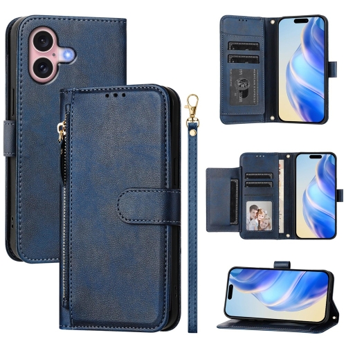 

For iPhone 16 Multi-Card Slots Zipper Wallet Leather Phone Case(Blue)