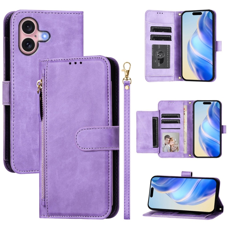 

For iPhone 16 Multi-Card Slots Zipper Wallet Leather Phone Case(Purple)