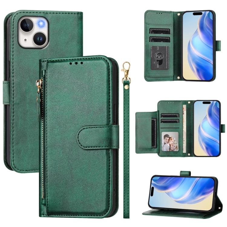 

For iPhone 15 Multi-Card Slots Zipper Wallet Leather Phone Case(Green)