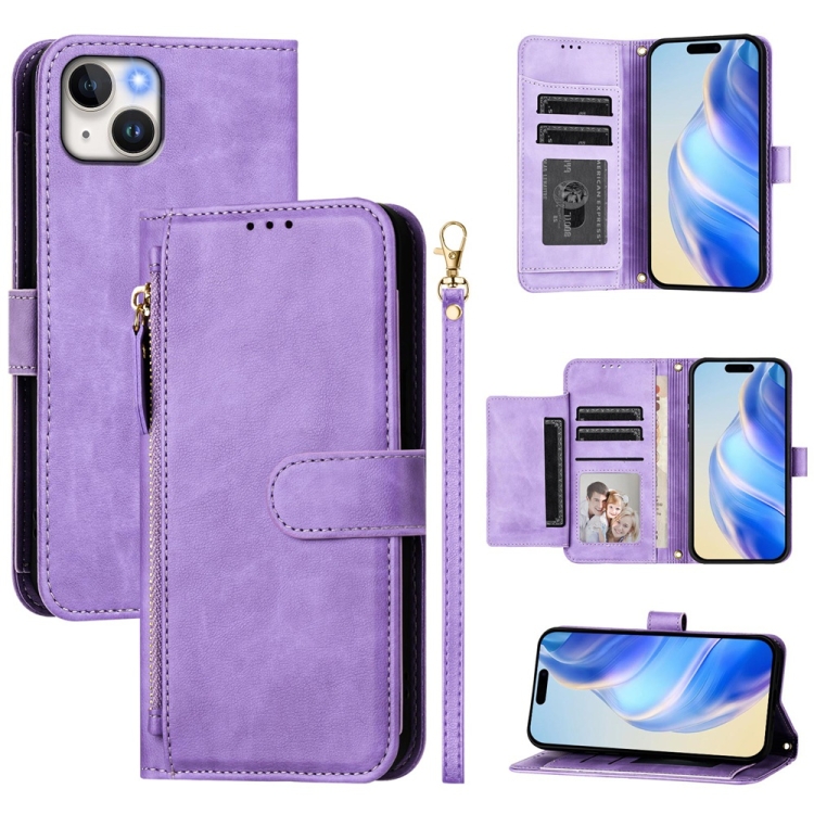 

For iPhone 14 Plus Multi-Card Slots Zipper Wallet Leather Phone Case(Purple)