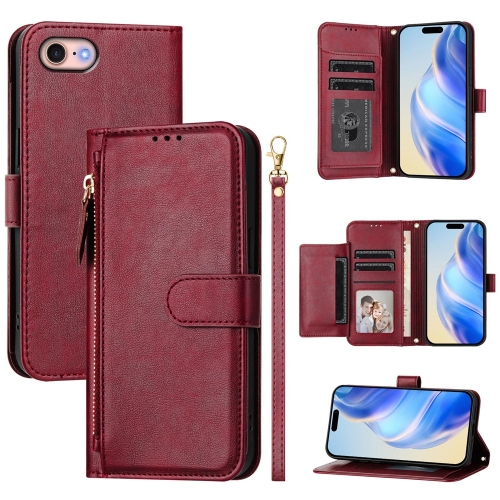 

For iPhone SE 2022 / 2020 / 8 / 7 Multi-Card Slots Zipper Wallet Leather Phone Case(Dark Red)