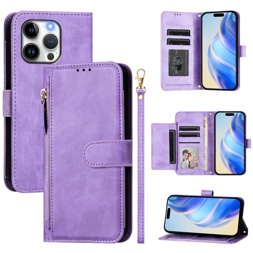 

For iPhone 13 Pro Multi-Card Slots Zipper Wallet Leather Phone Case(Purple)