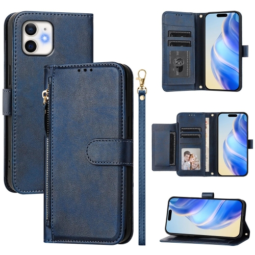 

For iPhone 12 / 12 Pro Multi-Card Slots Zipper Wallet Leather Phone Case(Blue)