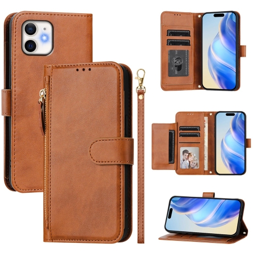 

For iPhone 12 / 12 Pro Multi-Card Slots Zipper Wallet Leather Phone Case(Brown)