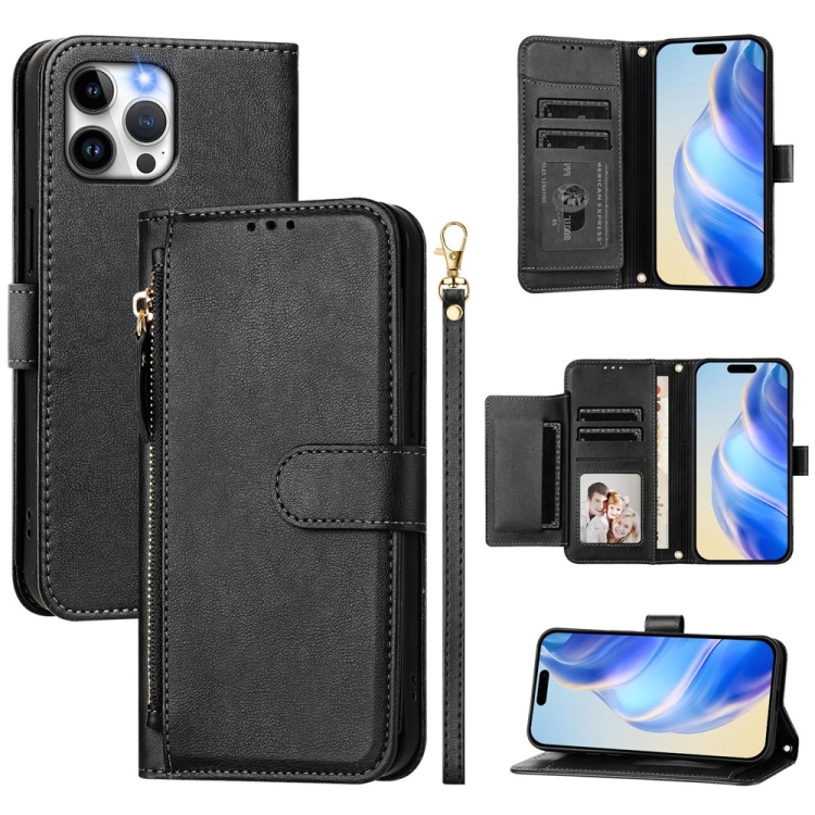 

For iPhone 12 Pro Max Multi-Card Slots Zipper Wallet Leather Phone Case(Black)