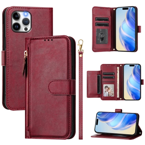 

For iPhone 12 Pro Max Multi-Card Slots Zipper Wallet Leather Phone Case(Dark Red)