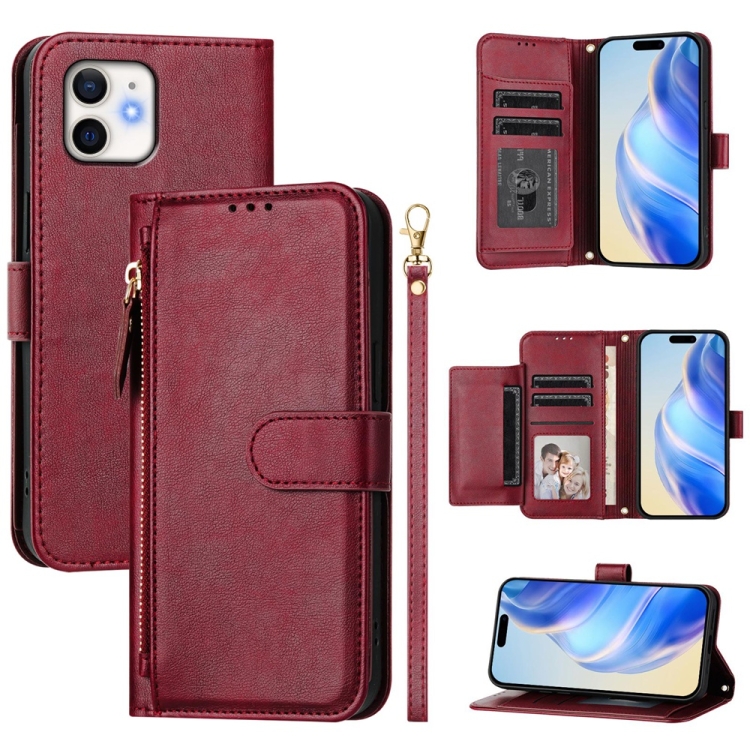 

For iPhone 12 mini Multi-Card Slots Zipper Wallet Leather Phone Case(Dark Red)