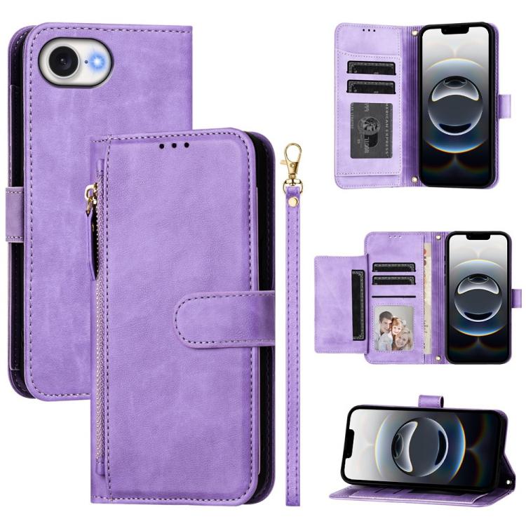 

For iPhone 16e Multi-Card Slots Zipper Wallet Leather Phone Case(Purple)