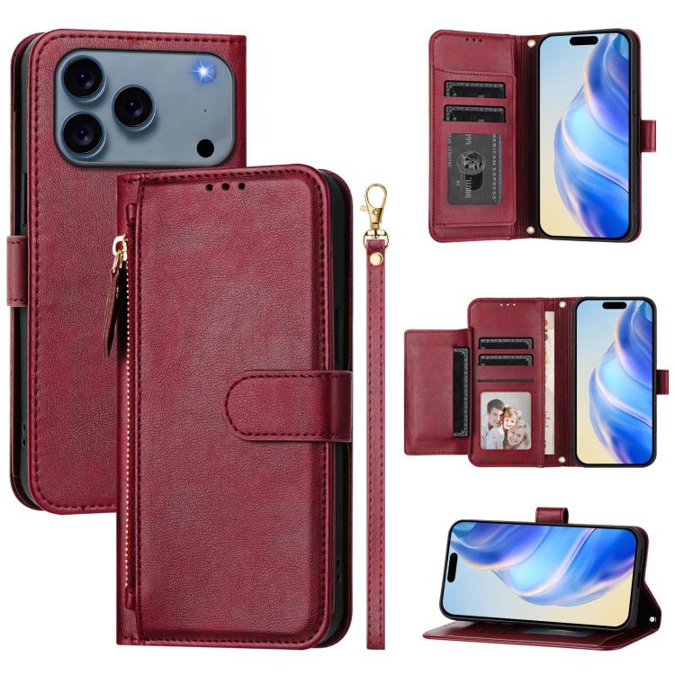 

For iPhone 17 Pro Max Multi-Card Slots Zipper Wallet Leather Phone Case(Dark Red)