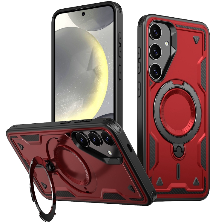 

For Samsung Galaxy S24 FE 5G PC Hybrid TPU Armor MagSafe Ring Holder Phone Case(Red)
