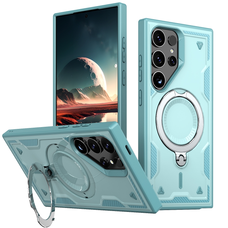 

For Samsung Galaxy S23 Ultra 5G PC Hybrid TPU Armor MagSafe Ring Holder Phone Case(Light Blue)