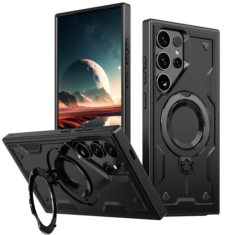 

For Samsung Galaxy S25 Ultra 5G PC Hybrid TPU Armor MagSafe Ring Holder Phone Case(Black)