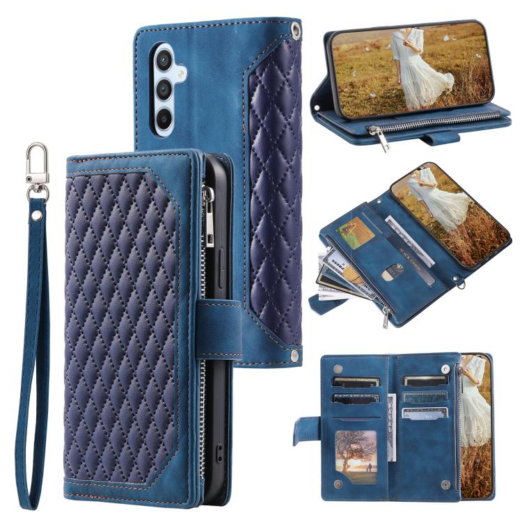 

For Samsung Galaxy S25 FE 5G Grid Texture Zipper Leather Phone Case with Lanyard(Blue)