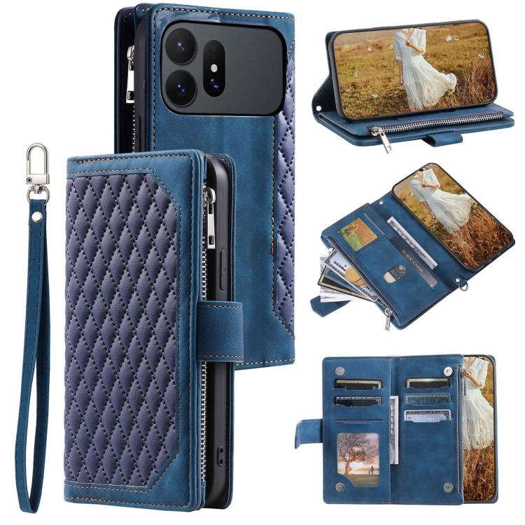 For Galaxy S27 Ultra 5G Grid Texture Zipper Leather Phone Case with Lanyard(Blue)