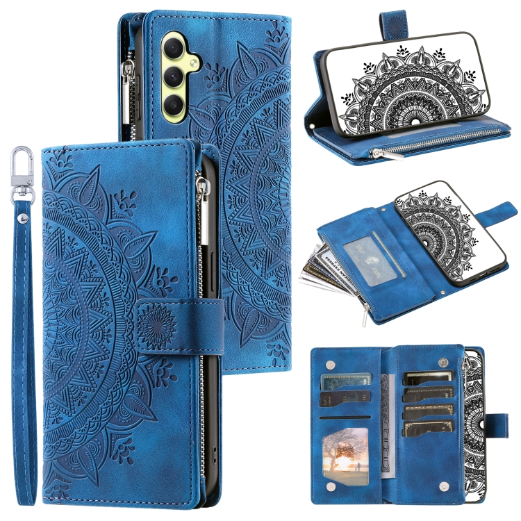 

For Samsung Galaxy S25 5G Multi-Card Totem Zipper Leather Phone Case(Blue)