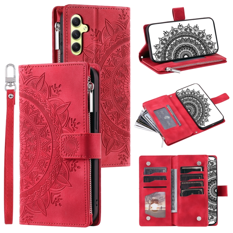 

For Samsung Galaxy S25 5G Multi-Card Totem Zipper Leather Phone Case(Red)