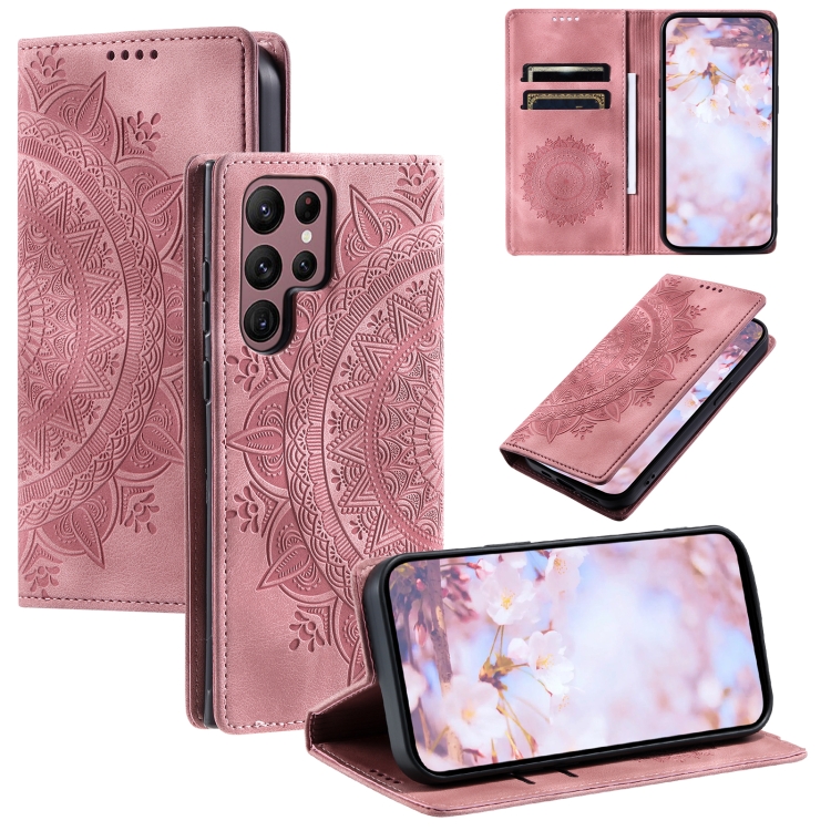 

For Samsung Galaxy S25 Ultra 5G Totem Embossed Magnetic Leather Phone Case(Rose Gold)