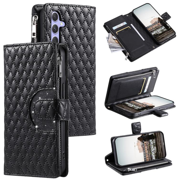 

For Samsung Galaxy S25 FE 5G Glitter Lattice Zipper Wallet Leather Phone Case(Black)