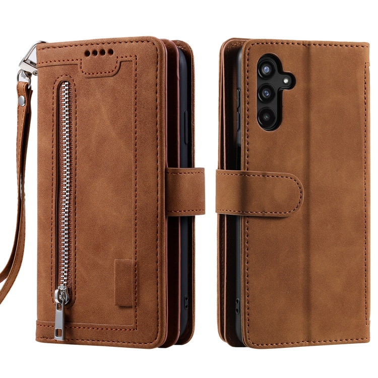 

For Samsung Galaxy S25 5G Nine Card Zipper Bag Leather Phone Case with Lanyard(Brown)