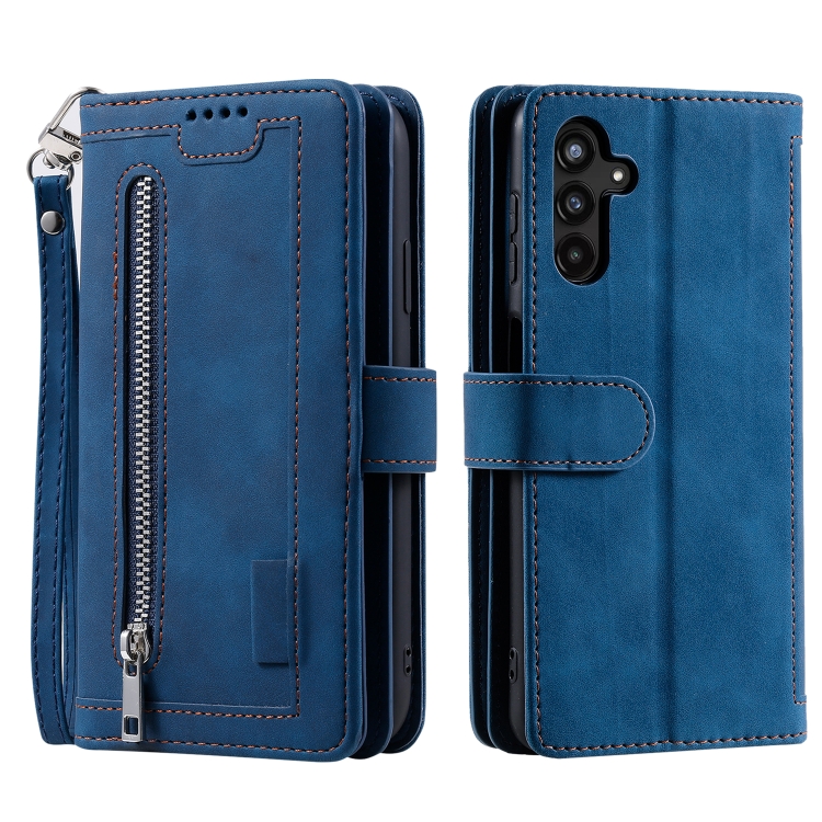 

For Samsung Galaxy S25+ 5G Nine Card Zipper Bag Leather Phone Case with Lanyard(Blue)
