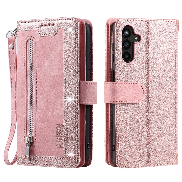 

For Samsung Galaxy S25+ 5G Nine Card Zipper Bag Leather Phone Case with Lanyard(Pink)