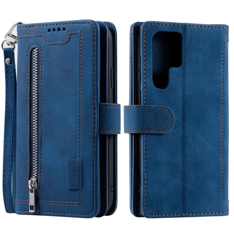 

For Samsung Galaxy S25 Ultra 5G Nine Card Zipper Bag Leather Phone Case with Lanyard(Blue)