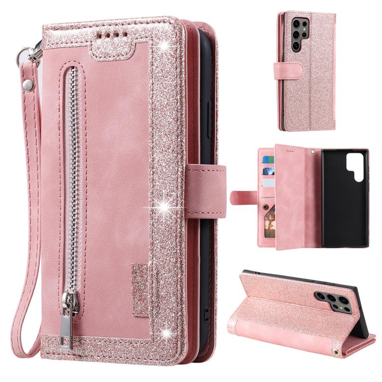 

For Samsung Galaxy S26 Ultra 5G Nine Card Zipper Bag Leather Phone Case with Lanyard(Pink)