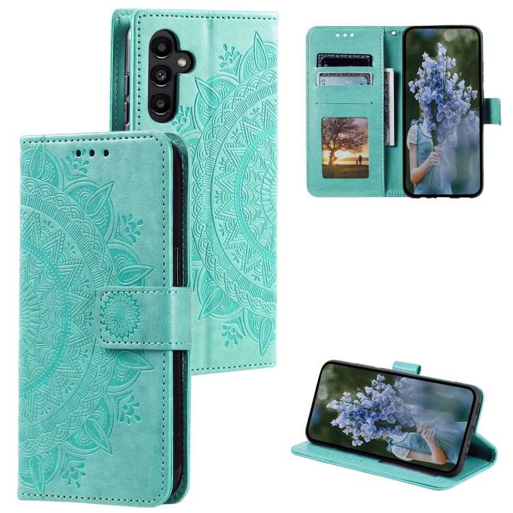 For Samsung Galaxy S25 5G Totem Flower Embossed Leather Phone Case with Lanyard(Green)