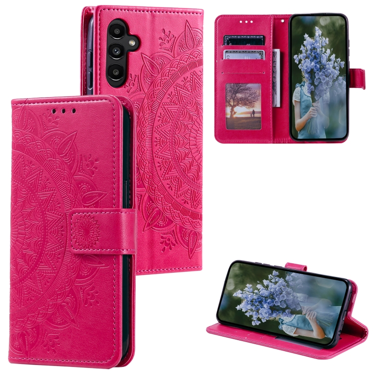 

For Samsung Galaxy S25 5G Totem Flower Embossed Leather Phone Case with Lanyard(Red)