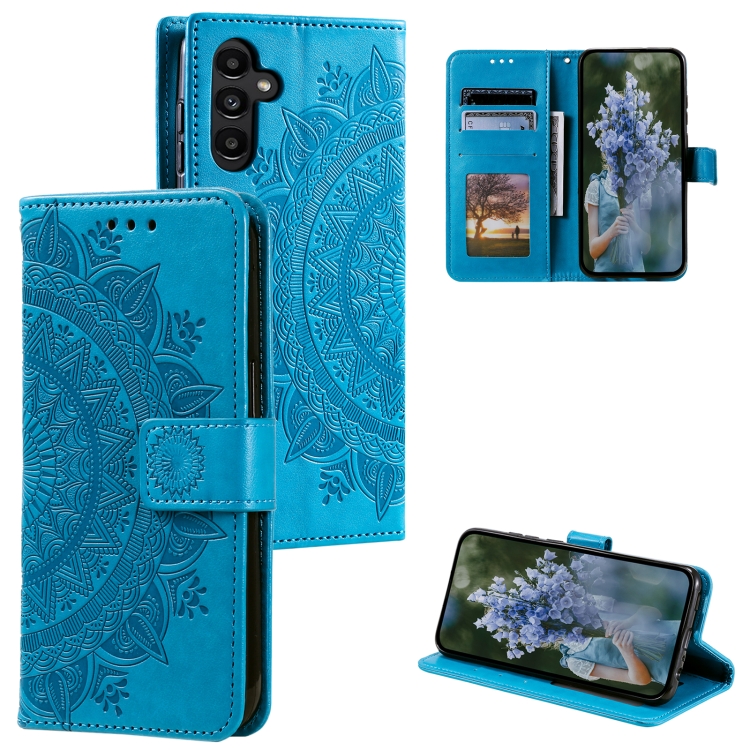 

For Samsung Galaxy S25 5G Totem Flower Embossed Leather Phone Case with Lanyard(Blue)