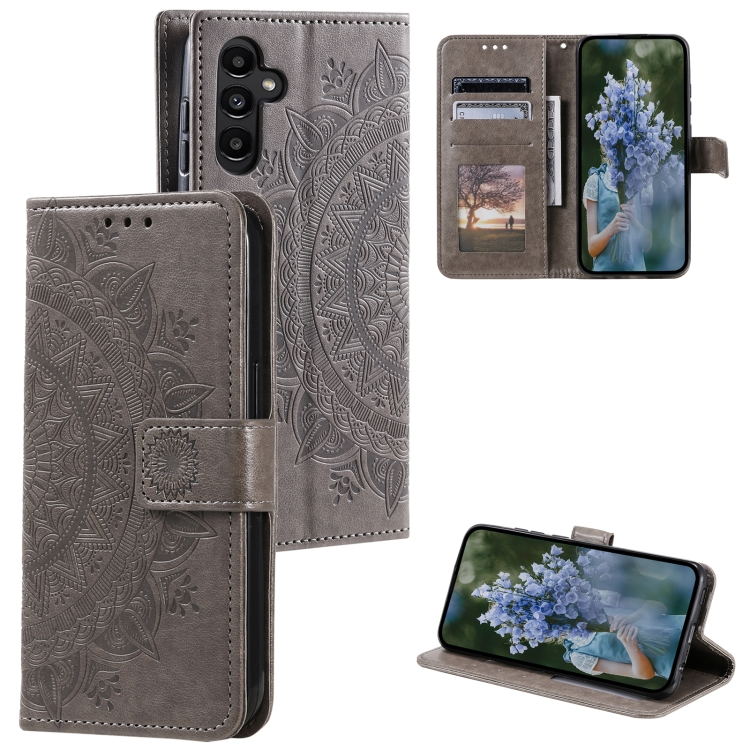 

For Samsung Galaxy S25+ 5G Totem Flower Embossed Leather Phone Case with Lanyard(Grey)