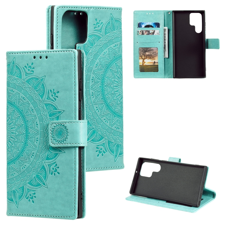 

For Samsung Galaxy S25 Ultra 5G Totem Flower Embossed Leather Phone Case with Lanyard(Green)