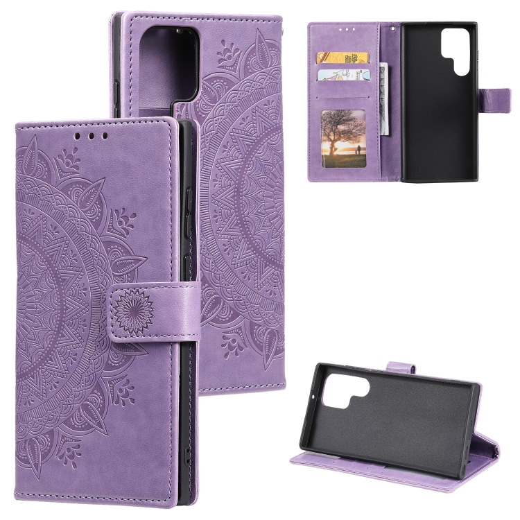 

For Samsung Galaxy S25 Ultra 5G Totem Flower Embossed Leather Phone Case with Lanyard(Purple)