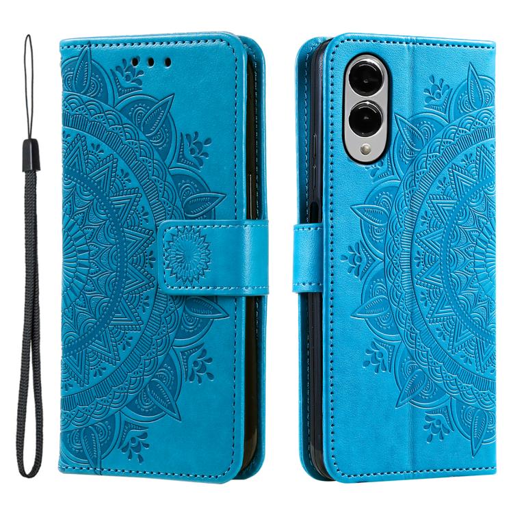 

For Samsung Galaxy S25 Edge 5G Totem Flower Embossed Leather Phone Case with Lanyard(Blue)