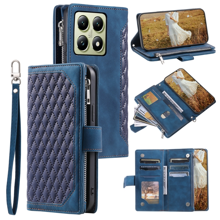 

For Xiaomi 14T Grid Texture Zipper Leather Phone Case with Lanyard(Blue)
