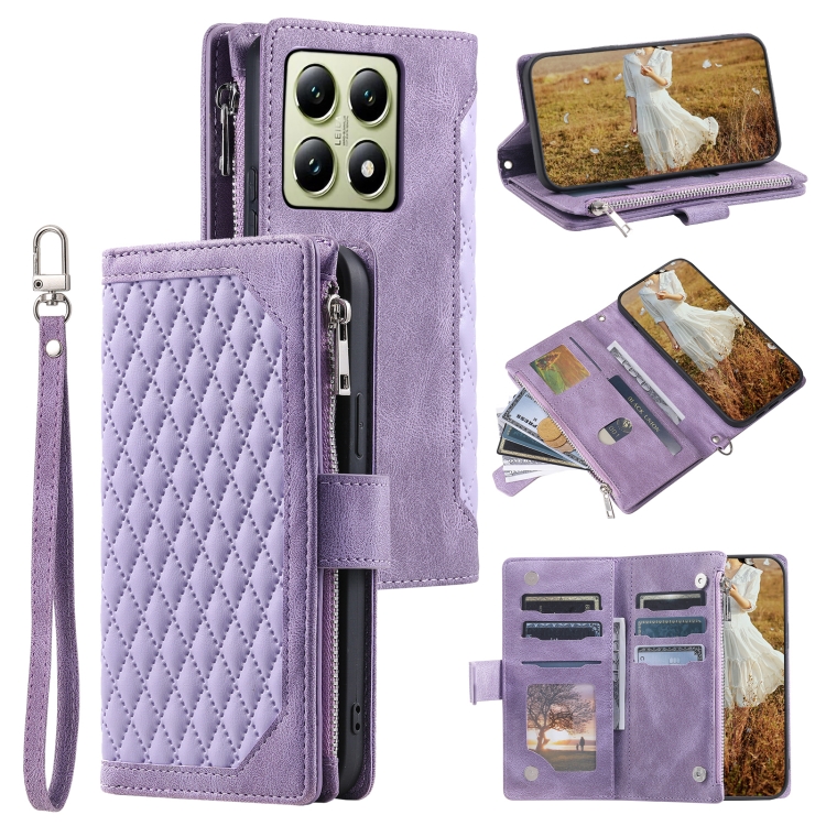 

For Xiaomi 14T Grid Texture Zipper Leather Phone Case with Lanyard(Purple)
