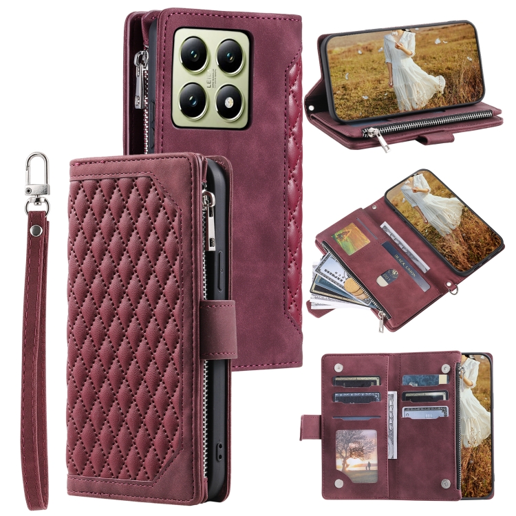 

For Xiaomi 14T Pro Grid Texture Zipper Leather Phone Case with Lanyard(Wine Red)