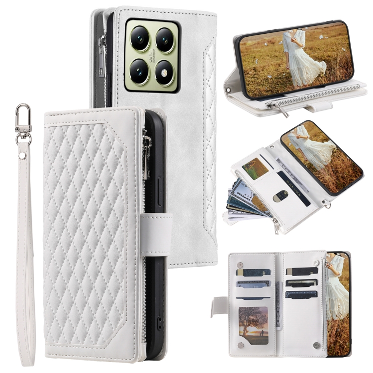 

For Xiaomi 14T Pro Grid Texture Zipper Leather Phone Case with Lanyard(White)