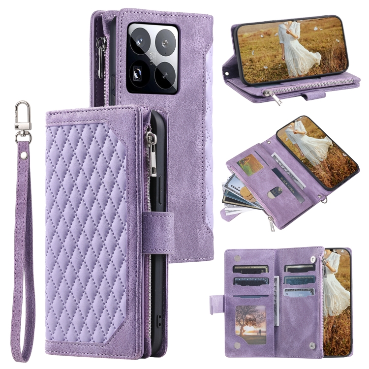 

For Xiaomi 15 Pro Grid Texture Zipper Leather Phone Case with Lanyard(Purple)