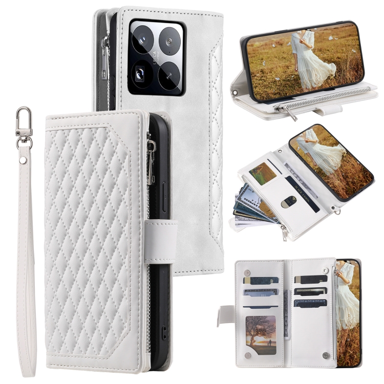 

For Xiaomi 15 Pro Grid Texture Zipper Leather Phone Case with Lanyard(White)