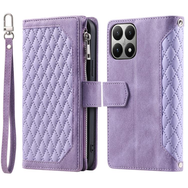 

For Xiaomi 15T Grid Texture Zipper Leather Phone Case with Lanyard(Purple)