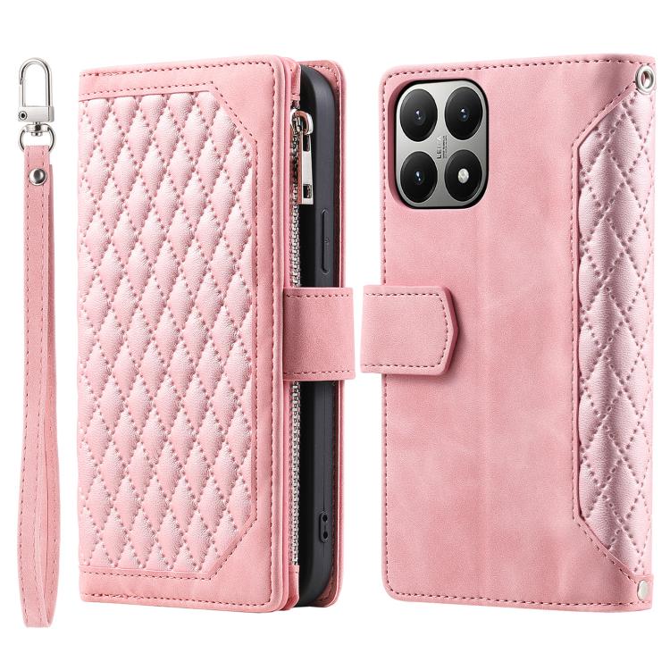 

For Xiaomi 15T Grid Texture Zipper Leather Phone Case with Lanyard(Rose Gold)