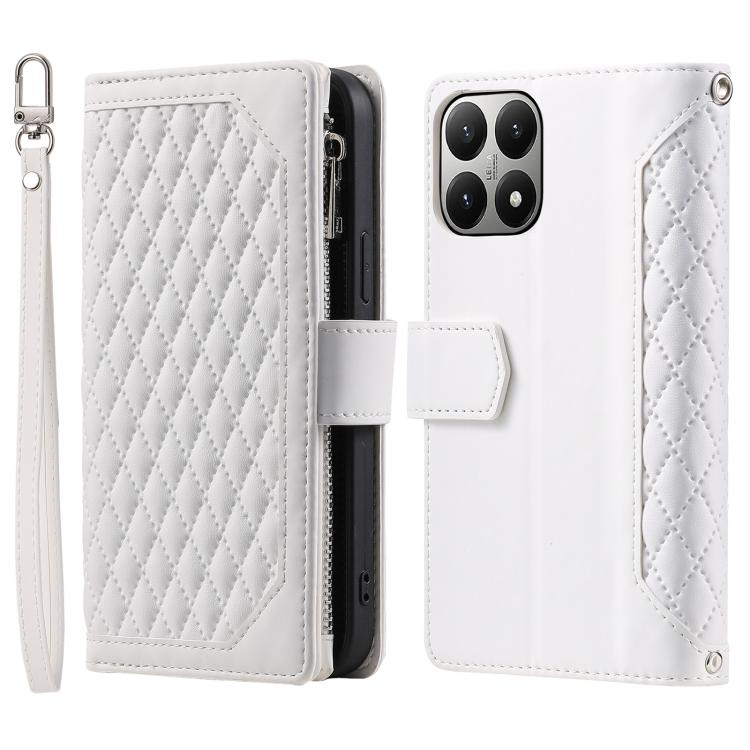 

For Xiaomi 15T Grid Texture Zipper Leather Phone Case with Lanyard(White)
