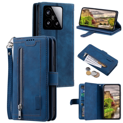 

For Xiaomi 15 Nine Card Zipper Bag Leather Phone Case with Lanyard(Blue)