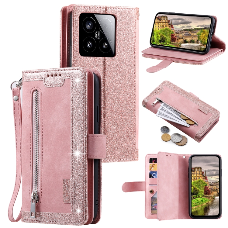 

For Xiaomi 15 Nine Card Zipper Bag Leather Phone Case with Lanyard(Pink)